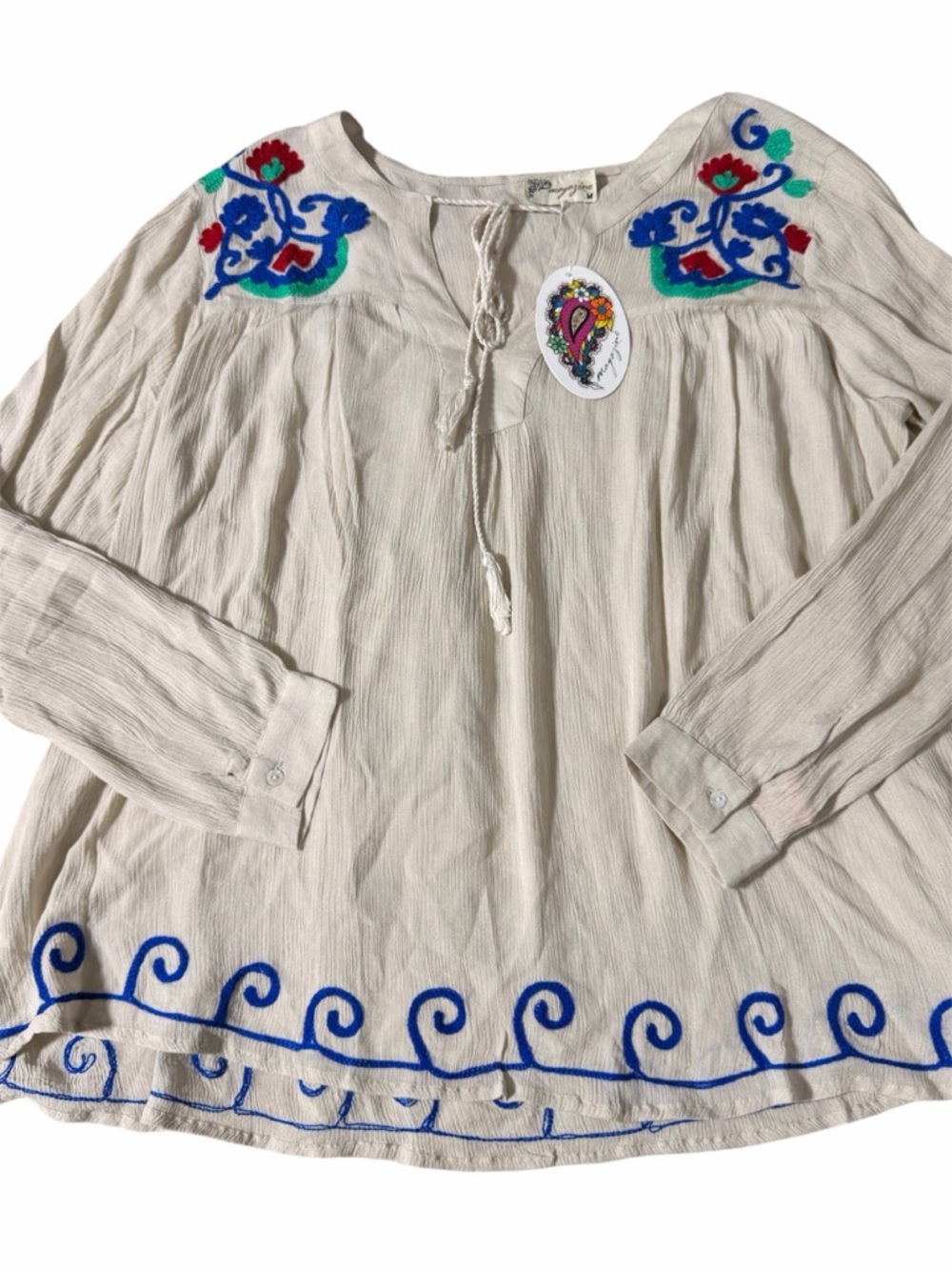 Boho Embroidered Peasant Blouse Cream Long Sleeve Size M